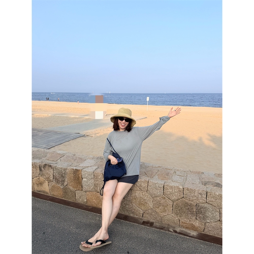 自线雾霾蓝灰极简慵懒亚麻混纺面料长袖T恤防晒衫26秋季新款鸬鹚