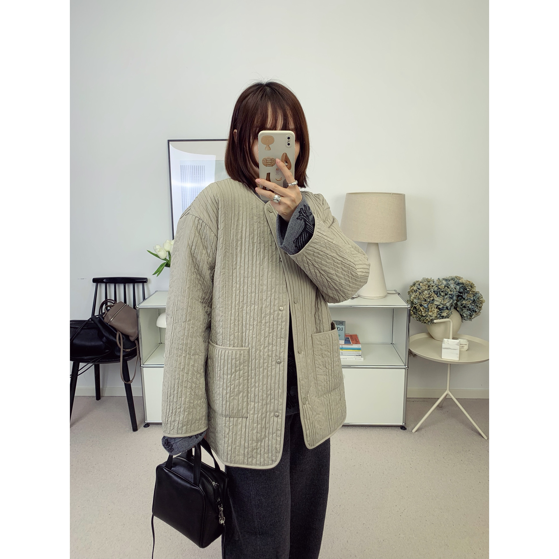 极简风竖条纹廓形圆领全羊毛棉服外套25秋冬新款【鸬鹚】