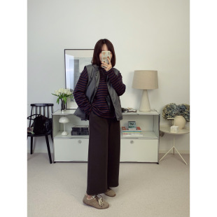 羊毛混纺糯米九分裤 T恤 26春夏 洋气蓝咖条纹长袖 春日懒人套