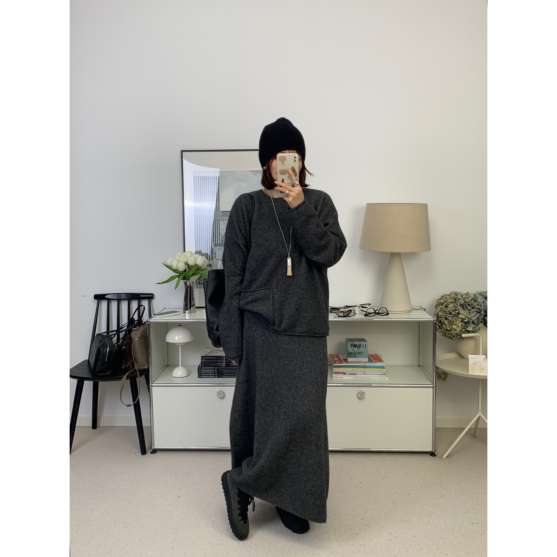 小众设计师煤灰牦牛绒羊毛宽松圆领针织衫+松紧腰伞裙针织25秋冬