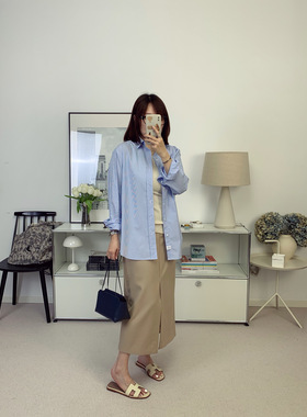 自线洛杉矶小众eileen轻柔水洗棉蓝色条纹衬衫26夏季新款【鸬鹚】