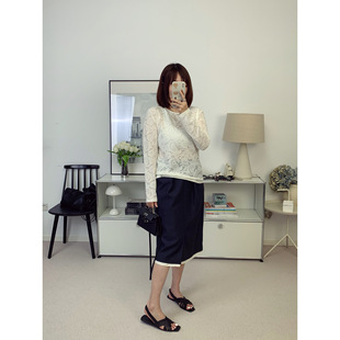 圆领微透感蕾丝提花长袖针织衫黑白26春夏新款【鸬鹚】