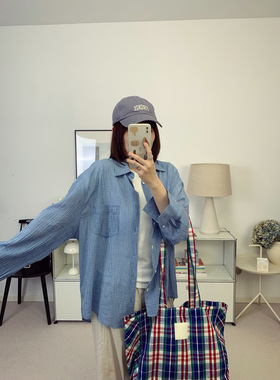 LC清爽蓝格纹宽松薄款长袖衬衫防晒衫李智恩同款26春夏新款鸬鹚