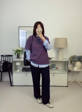 p家丑萌复古配色！空军蓝拼红色撞色条纹短袖T恤26春夏新款鸬鹚