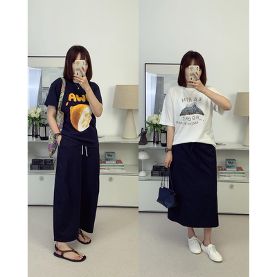 JW藏蓝色柠檬印花水柔棉+GB麻里棉涂鸦山脉短袖T恤 26夏新款鸬鹚
