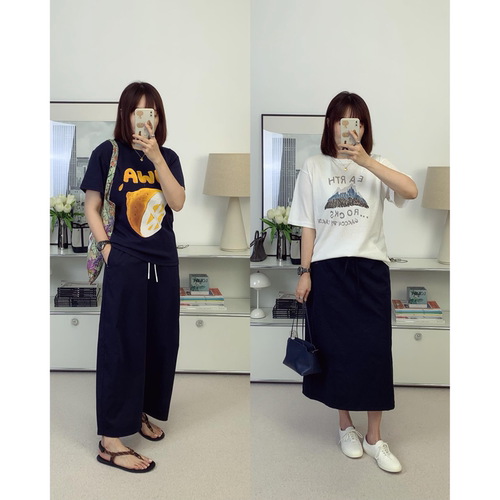 JW藏蓝色柠檬印花水柔棉+GB麻里棉涂鸦山脉短袖T恤 26夏新款鸬鹚