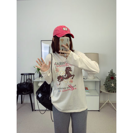 马年特别款！童趣感手绘小马插画刺绣廓形长袖T恤 26春夏新款鸬鹚