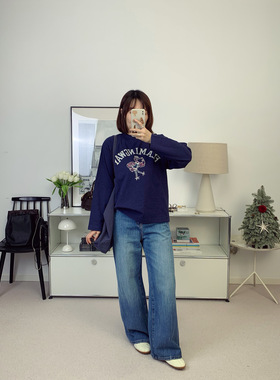 清爽感！腰部小彩珠磨白水洗高腰直筒拖地牛仔裤26早春新款鸬鹚