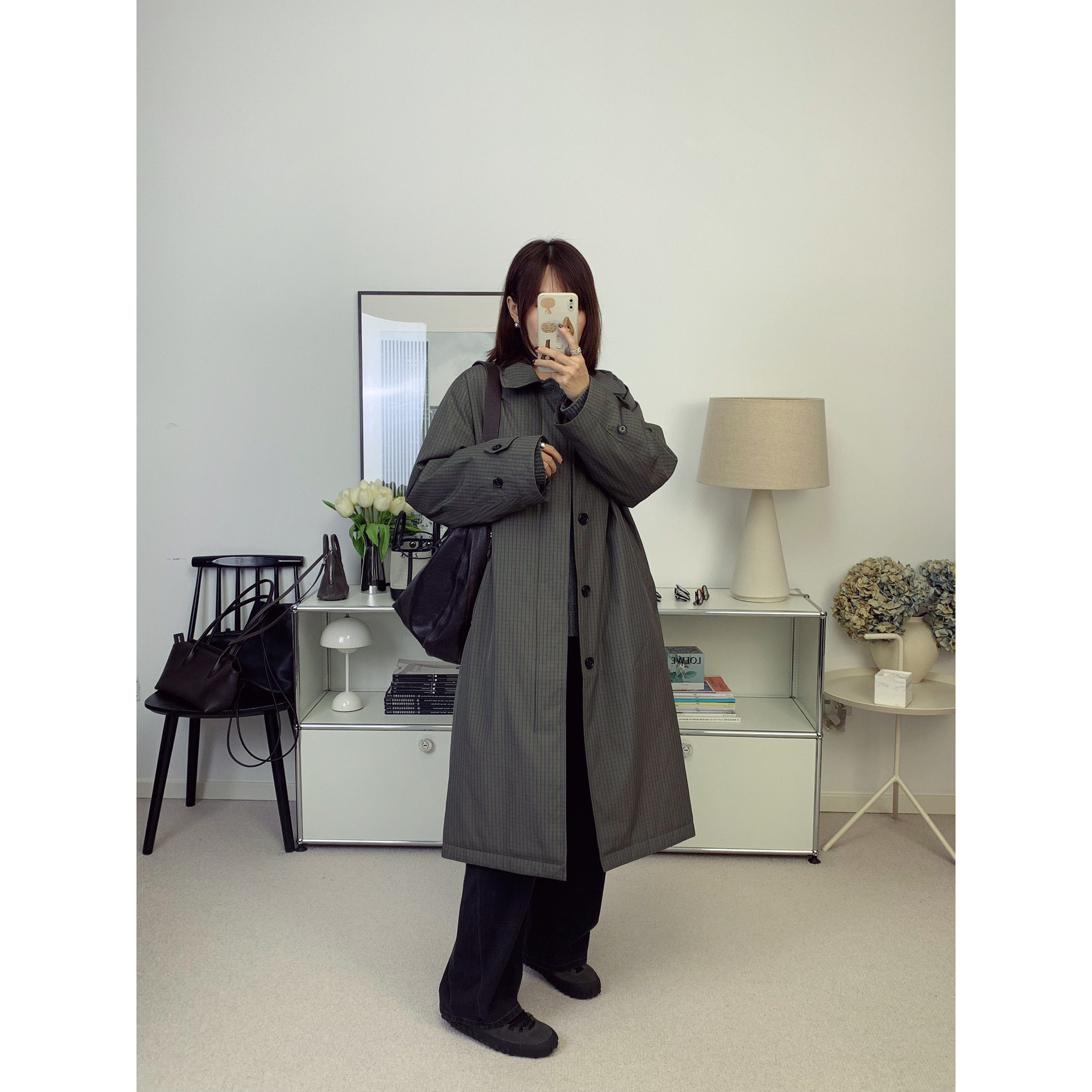 自线鸬鹚私服绿格子轻盈光泽功能加热填充宽松风衣棉服外套26秋季