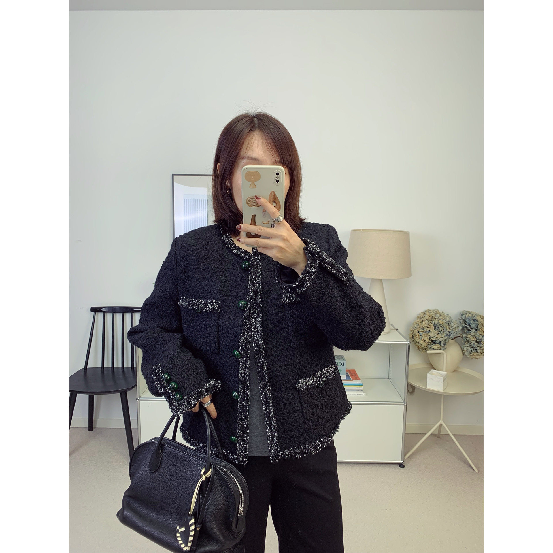 羊毛粗花昵黑白亮片织带绿扣子小香风外套上衣夹克26秋季新款鸬鹚