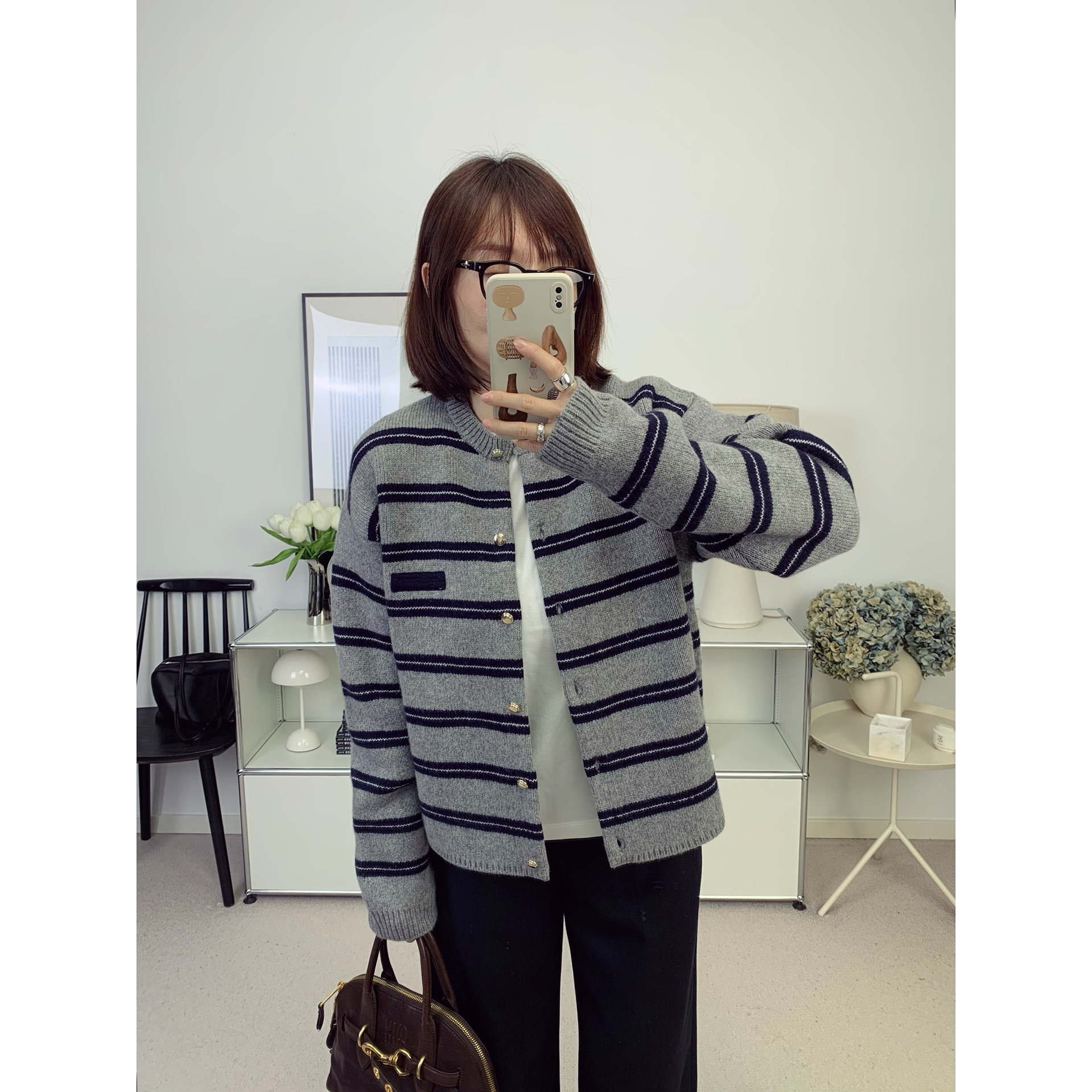 Miu高级灰条纹加厚羊绒混纺针织毛衣开衫外套25秋冬新款【鸬鹚】