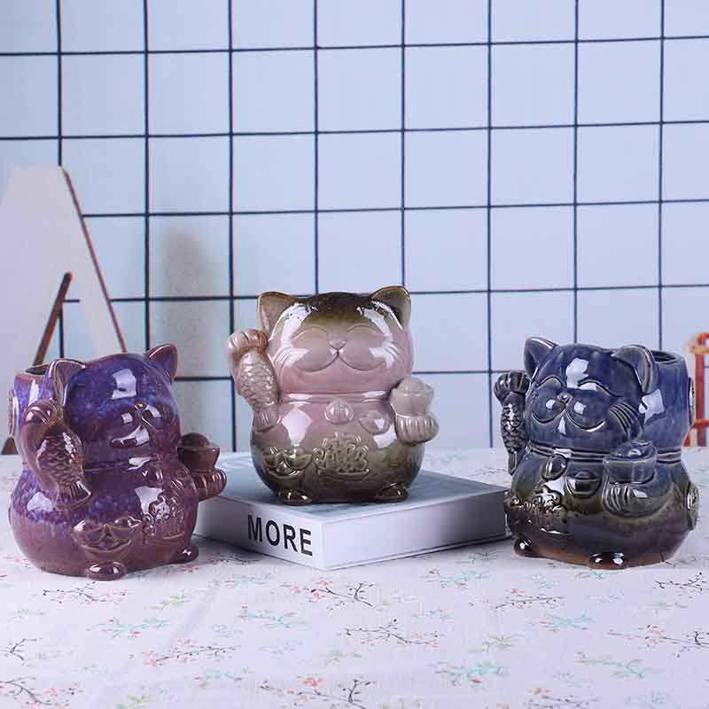 卡通动物多肉花盆招财猫陶瓷法师高款大口径绿植盆栽花器方盆