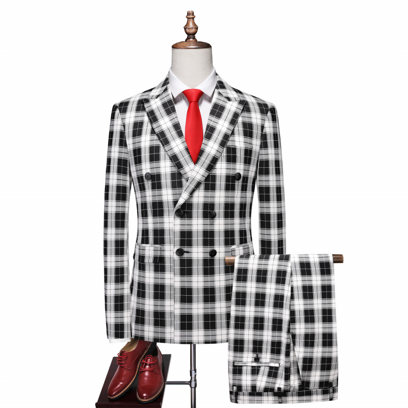 秋季黑白格子双排扣西装套装男商务休闲西服外套兄弟团伴郎婚礼服