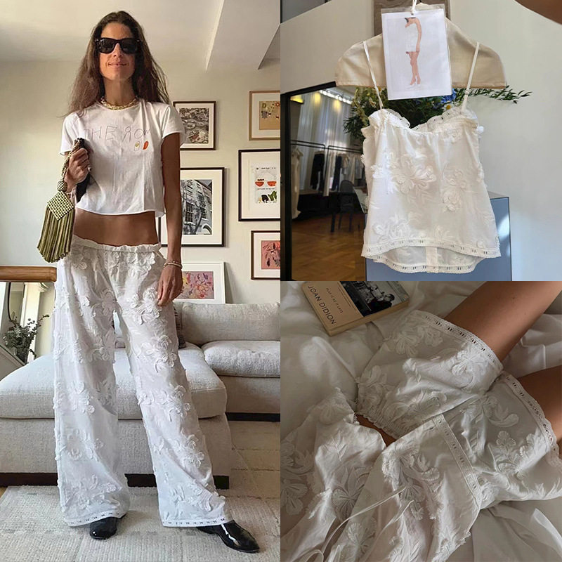 梅丁~款法式夏季轻奢立体浮雕花卉刺绣吊带热裤长裤套装