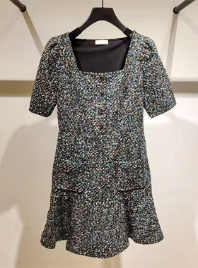 法式小众 2022秋冬新款女装气质方领混花色粗花呢短裙连衣裙22689