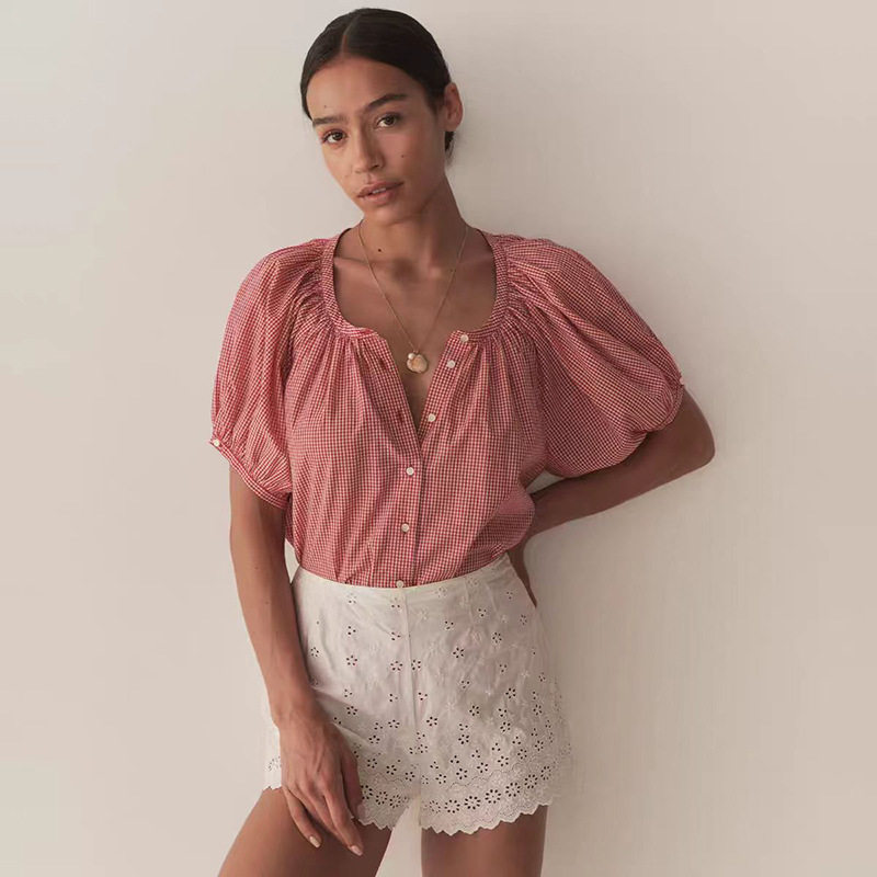 法式小众 夏季文艺复古格子圆领单排纽扣泡泡袖女娃娃衫
