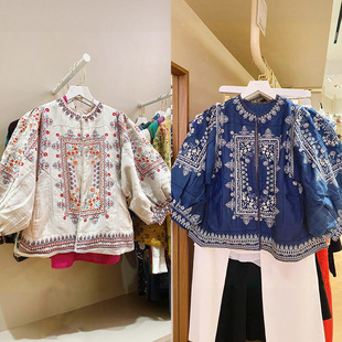 maSande法式小众 春夏中式框图刺绣印染花卉七分袖无扣圆领外套