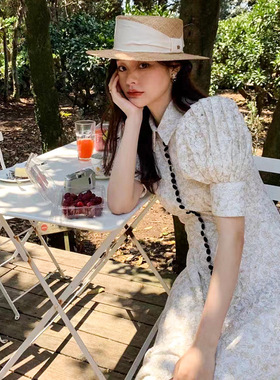 韩国小众 2023夏季浪漫蕾丝POLO泡泡袖碎花单排扣甜美连衣裙23467
