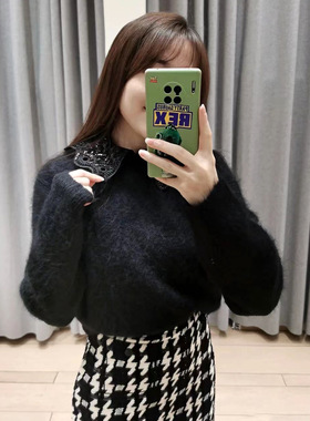 法式小众 2023秋冬软糯可拆亮片花边领黑色马海毛套头女毛衣23820