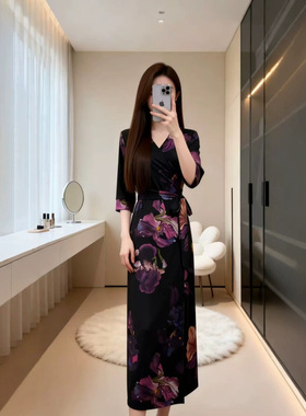 maSande紫色蝴蝶兰花卉国风中式长款无领改良新款年轻款女复古修