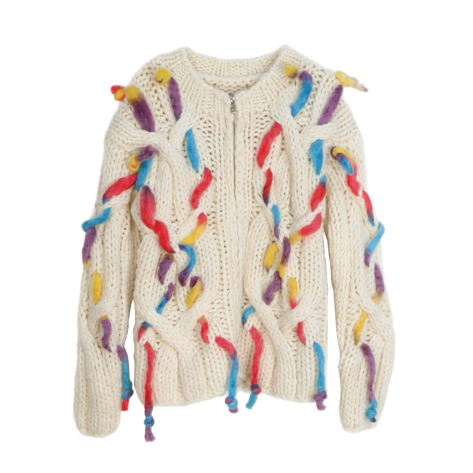 maSande复古宽松慵懒毛衣女重工手工编织麻花花朵圆领针织开衫外