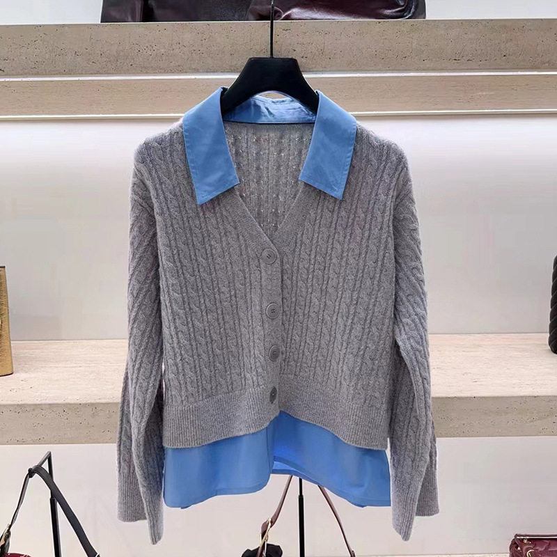 法式小众秋冬通勤时尚女装拼接衬衫领领麻花毛针织开衫