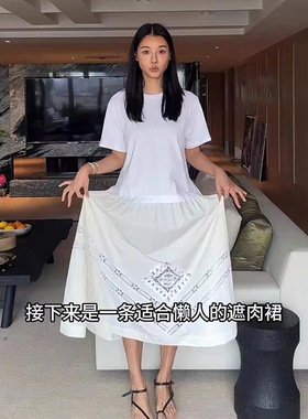 法式小众 2024夏季潮奢马德拉刺绣假两件圆领显瘦中长连衣裙24386