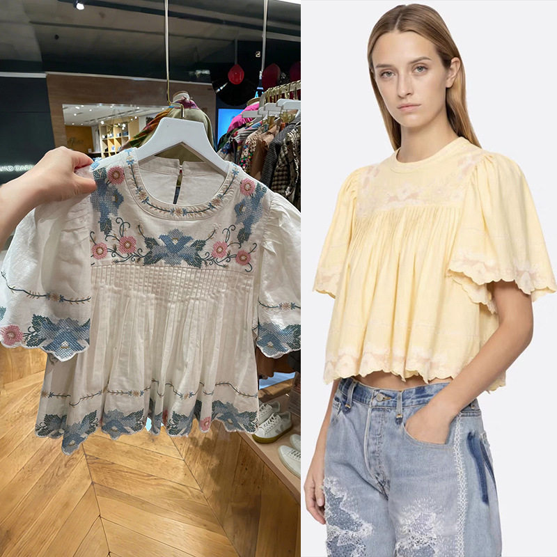 法式小众 夏季洋气荷叶袖清新刺绣花卉圆领套头棉麻罩衫