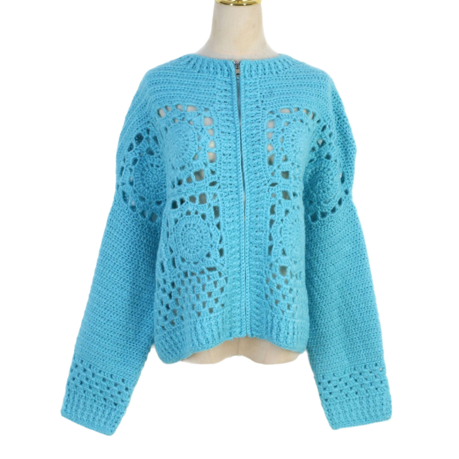 maSande韩版麻花毛衣开衫法式手钩镂空圆领粗针花朵开衫外套针织