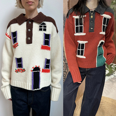 法式小众2025秋冬复古雅致窗户house提花宽松POLO领套头毛衣25888