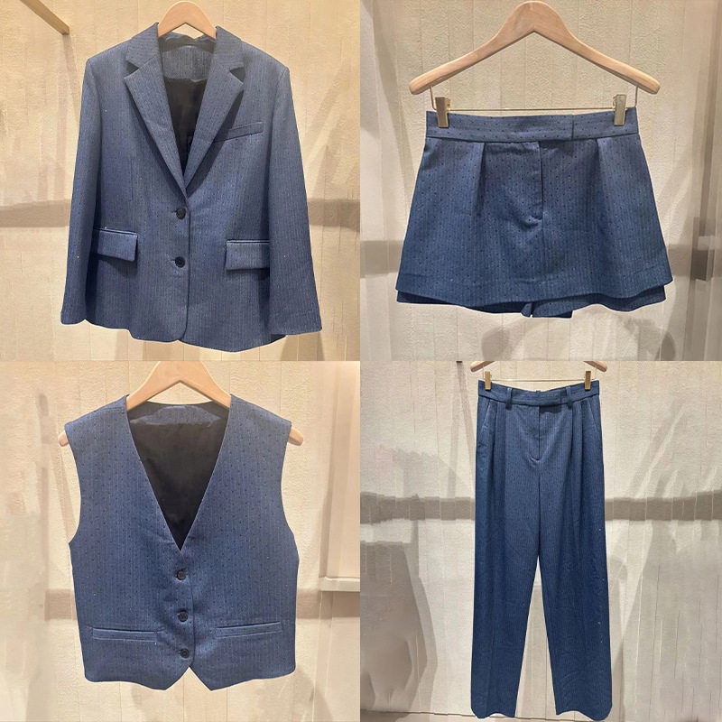 法单小众 2025秋冬通勤正装暗条纹烫钻西服马甲裤裙长裤套装