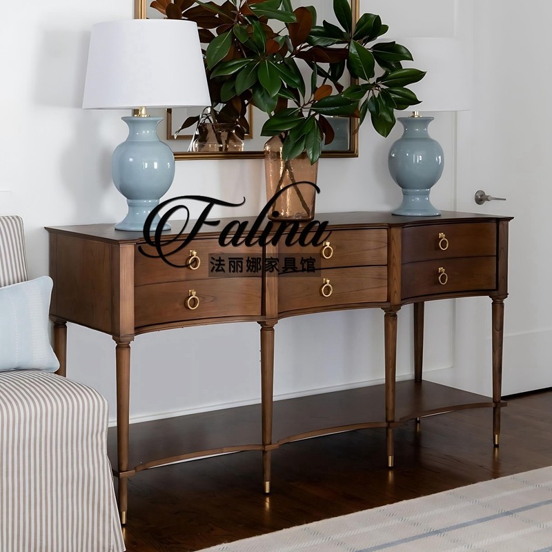 美式乡村复古玄关柜实木弧形简约轻奢客厅边柜中古风斗柜一体定制