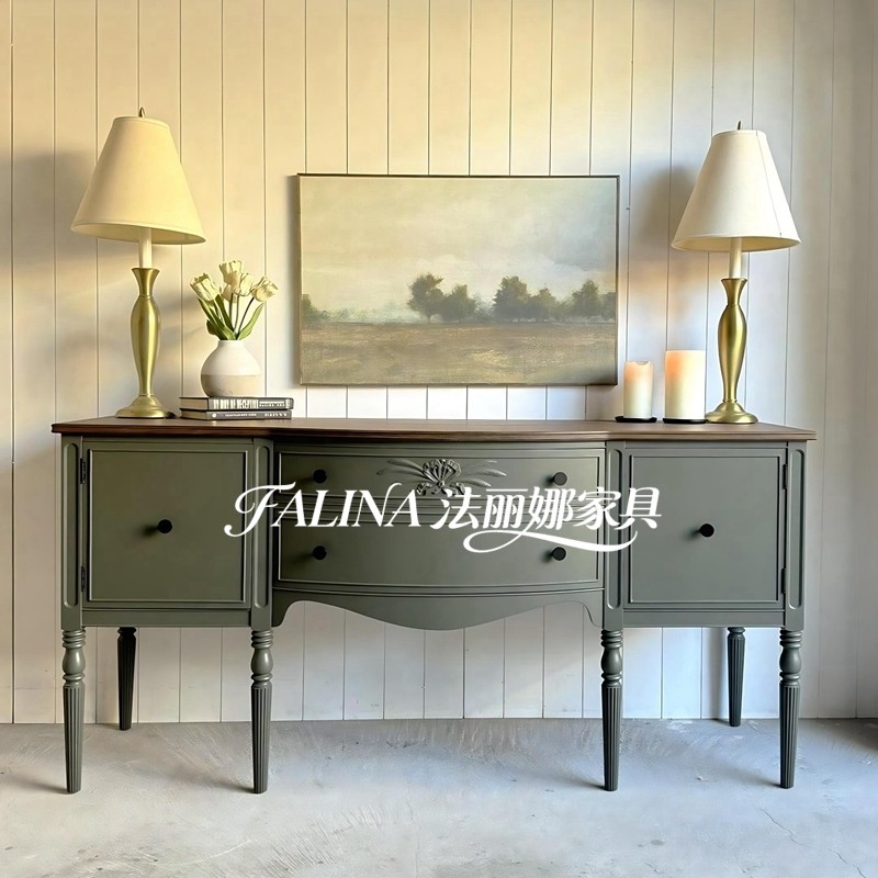 法式复古实木玄关柜新古典入户正对门弧形装饰柜雕花储物餐边柜