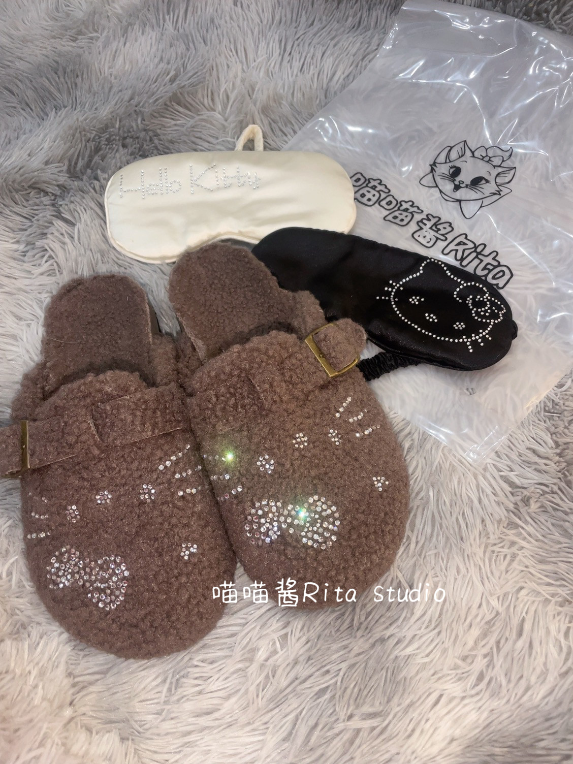 喵喵酱｜闪闪kitty烫钻羊羔毛包头半拖鞋女外穿保暖金属扣勃肯鞋