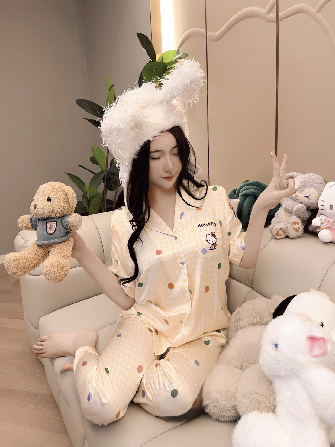 喵喵酱｜可爱KT猫短袖缎面冰丝睡衣三件套夏卡通甜美家居服套装