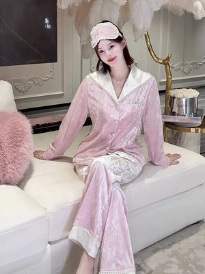 喵喵酱【南法假日】25年秋冬新款睡衣女粉白拼接金钻绒法式家居服
