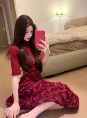 喵喵酱｜红色连衣裙女生日年会礼服重工立体玫瑰花朵收腰大摆长裙