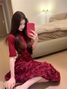喵喵酱|红色连衣裙女生日年会礼服重工立体玫瑰花朵收腰大摆长裙