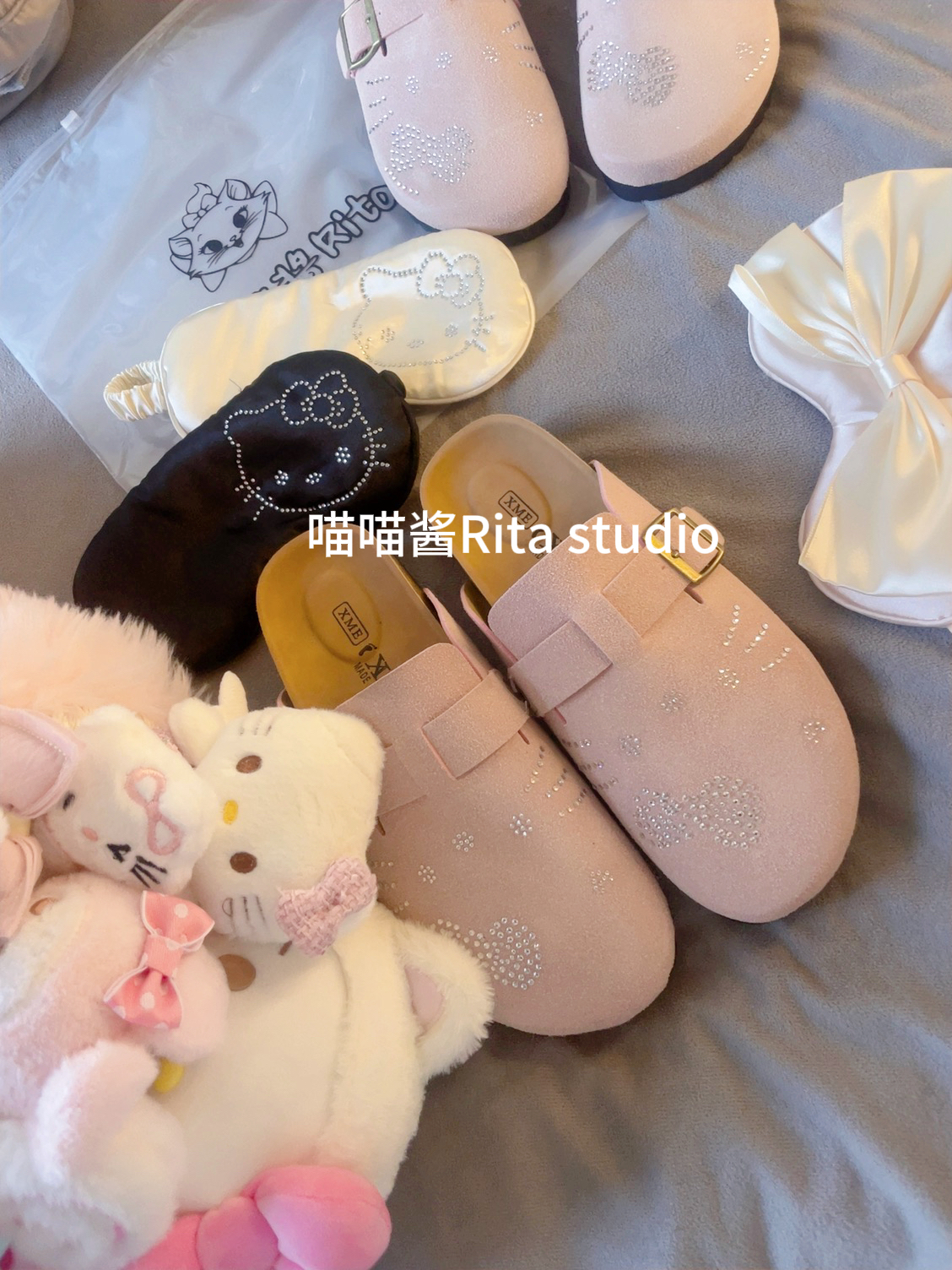 喵喵酱｜原创可爱kitty烫钻包头半拖鞋女外穿一脚蹬金属扣勃肯鞋