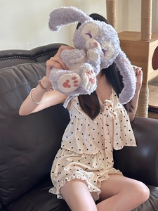 喵喵酱【Miu系甜美少女】波点纯欲吊带短裤睡衣套复古家居服甜美