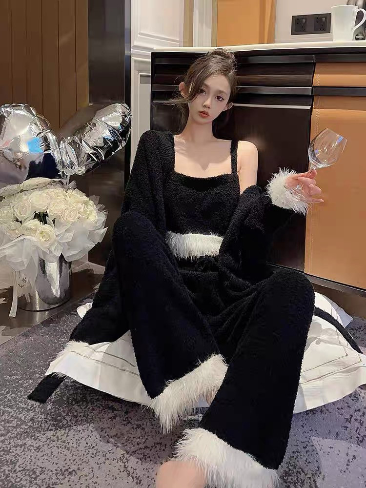 喵喵酱性感鸵鸟毛睡衣女秋冬三件套珊瑚绒高级感家居服春秋软绵绵