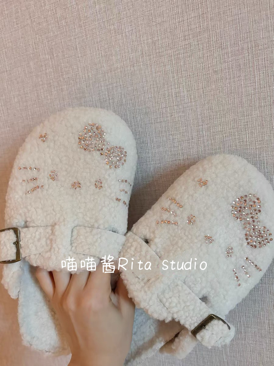 喵喵酱｜闪闪kitty烫钻羊羔毛包头半拖鞋女外穿保暖金属扣勃肯鞋