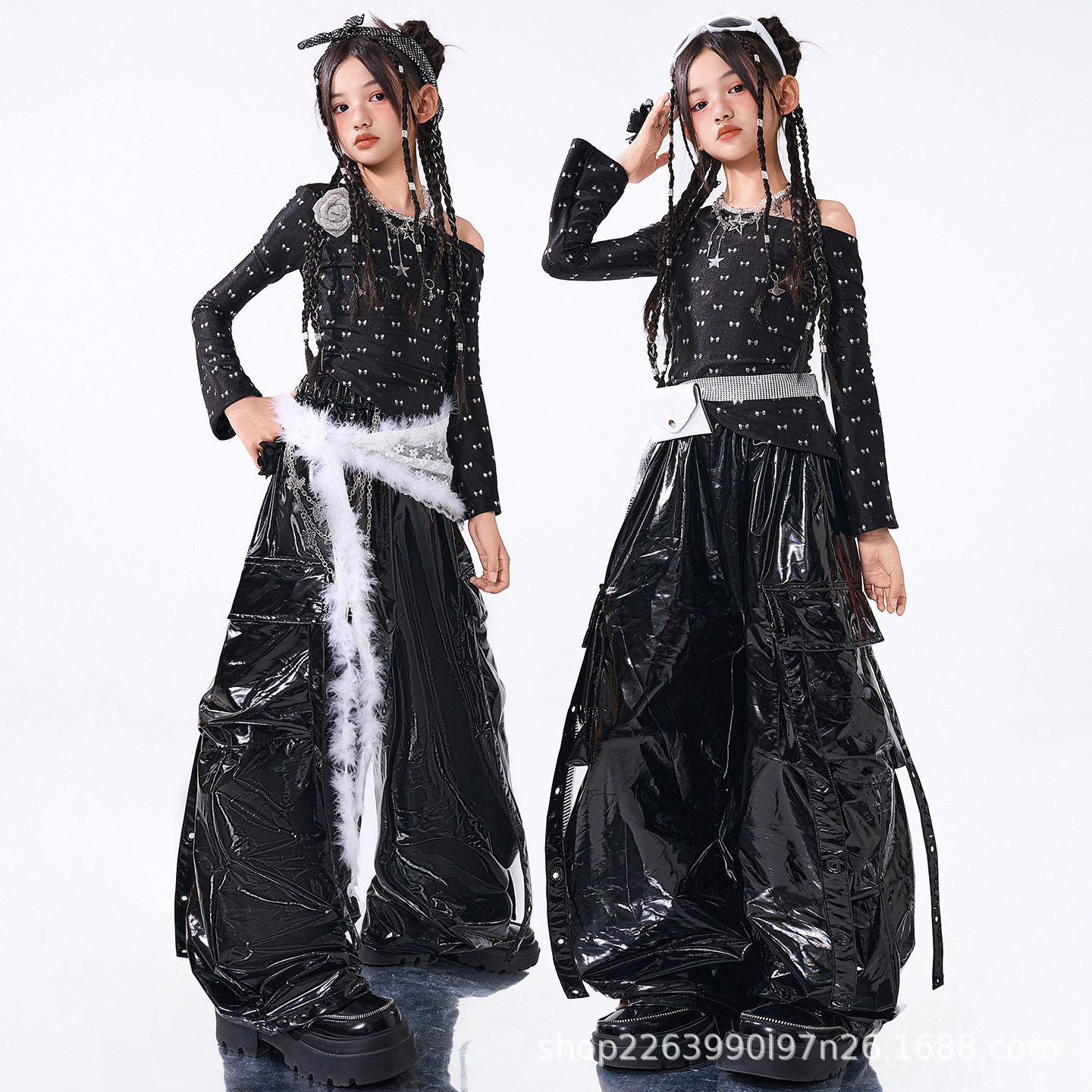 女童爵士舞服装儿童街舞黑色潮服jazz嘻哈时髦女孩走秀套装炸街秋图片