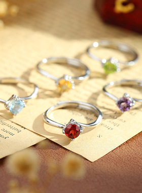 realtreasure石榴石戒指女S925纯银小众时尚个性天然水晶石四爪