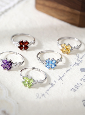 realtreasure s925纯银荆棘四叶草戒指女高级天然晶石