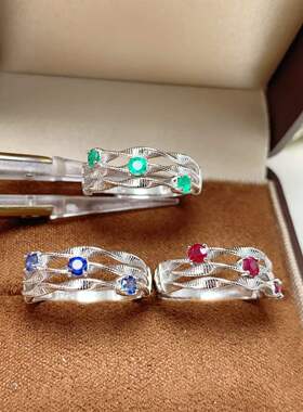 realtreasureS925银天然彩宝戒指波浪镂空花丝红宝石 祖母绿轻奢