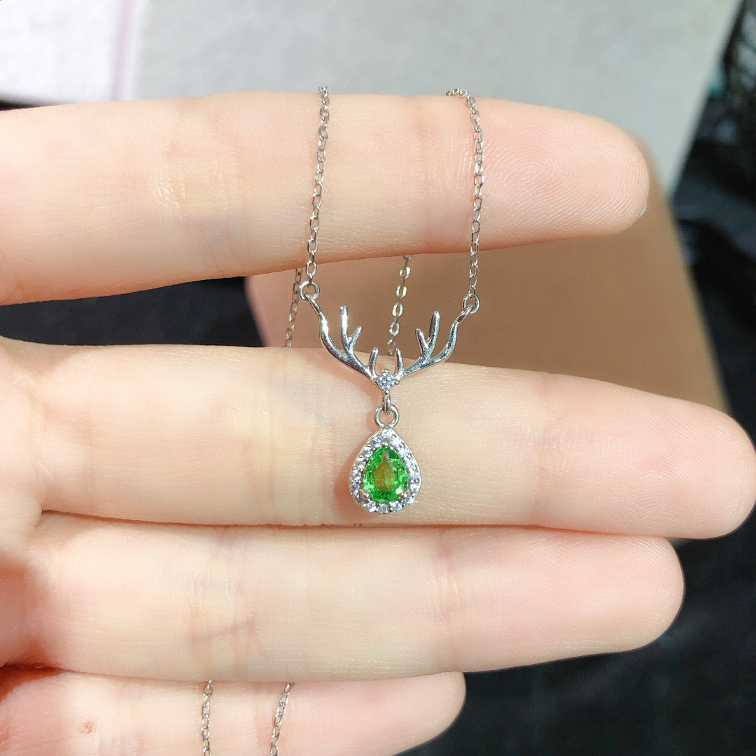 天然沙弗莱纯银项链生日礼物送女友天然宝石生日礼物支持检测