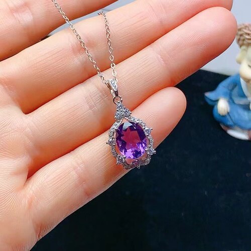 realtreasure925纯银镶天然紫水晶吊坠高级百搭锁骨主石尺寸8*10