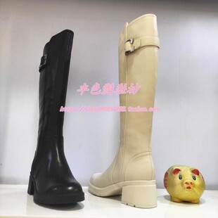 哈森专柜断码秋冬季粗高跟防水台米白色牛皮女高筒靴HA227171
