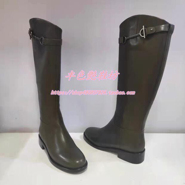 正品女鞋粗跟牛皮高筒靴